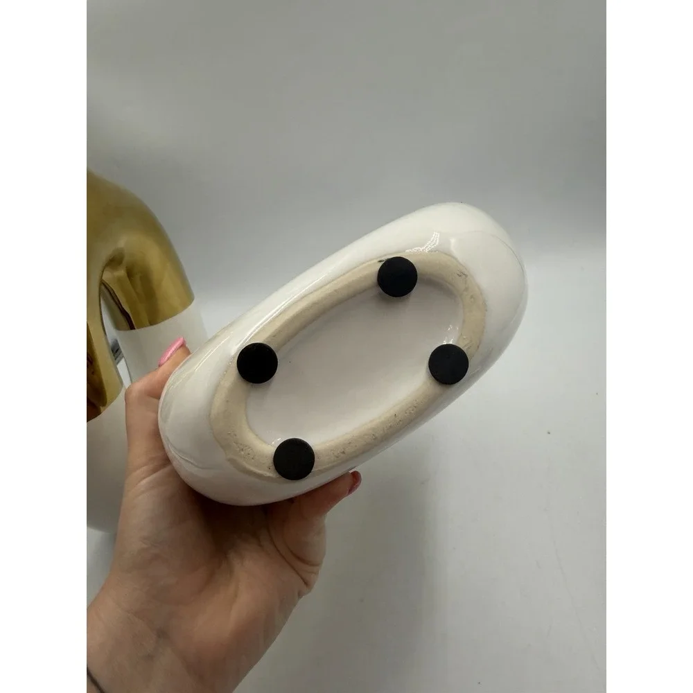 NIB White & Gold Ceramic Vase Set of 2 Round Donut Hollow Flower Vases for Home